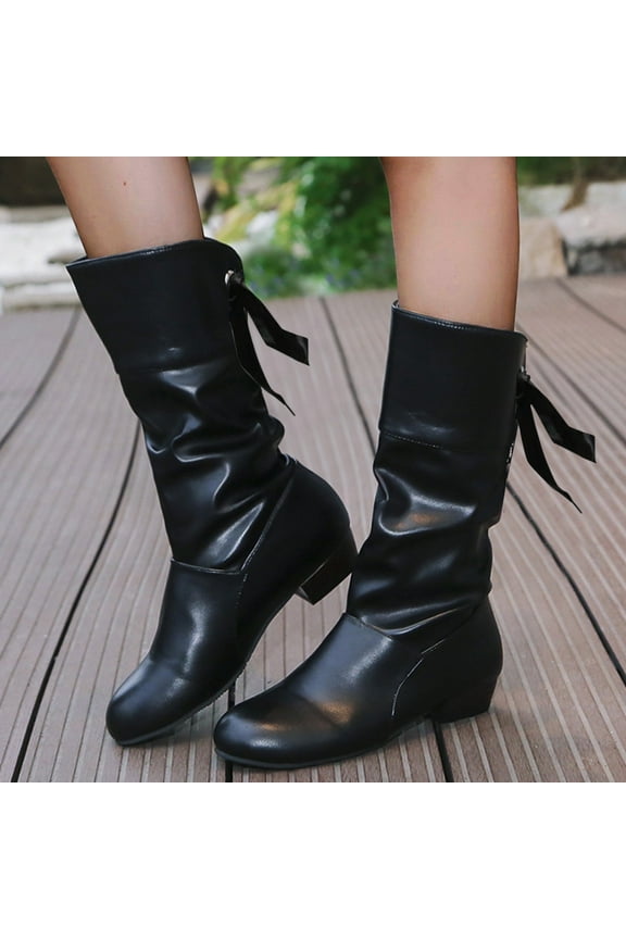 Boots for Women Wide Calf Low Heel Boots Mid-Calf Ankle Boots with Bow Ties (Black 36)