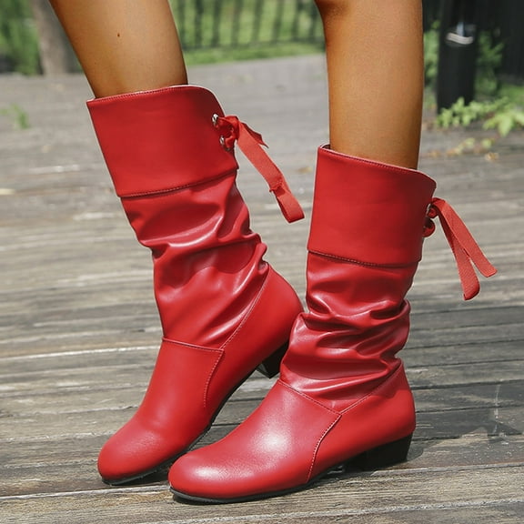 Boots for Women Wide Calf Low Heel Boots Mid-Calf Ankle Boots with Bow Ties (Red 36)
