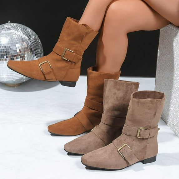 Boots for Women Winter Casual Ankle Boots Solid Color Belt Buckle Pointy Toe Sleeves Chunky Heel Low Heel Mid-Calf Boots