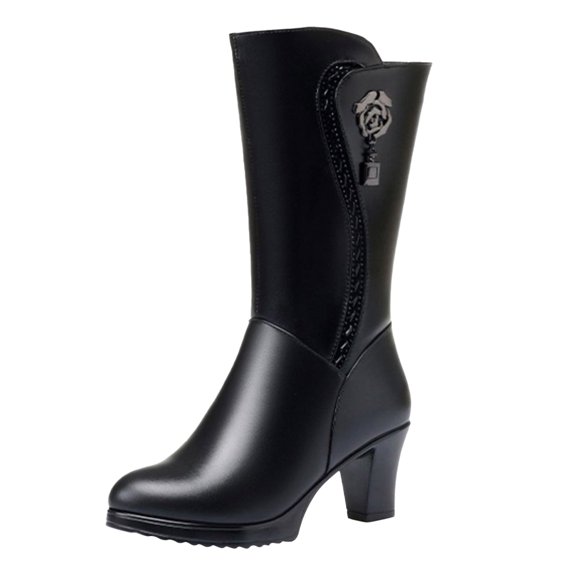 Boots for Women,Winter Fashion High Heel Mid Calf Boots Classic Zipper Outwear Thick Heel Mesh Breathable Cool Design,Knee High Boots Women,Black9