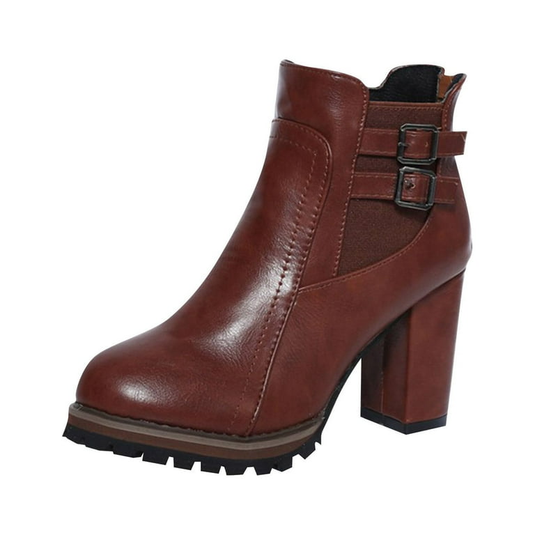 Boots for Women Winter Vintage Thick Heel Belt Buckle Side Zipper Low Tube High Heel Ankle Boots
