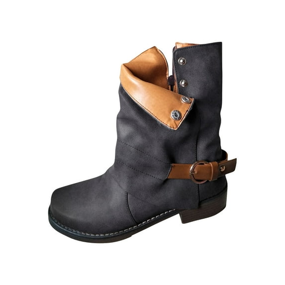 Boots for Women Winter Warm Cuffed Women's Shoes Belt Buckle Side Zipper Low Boots