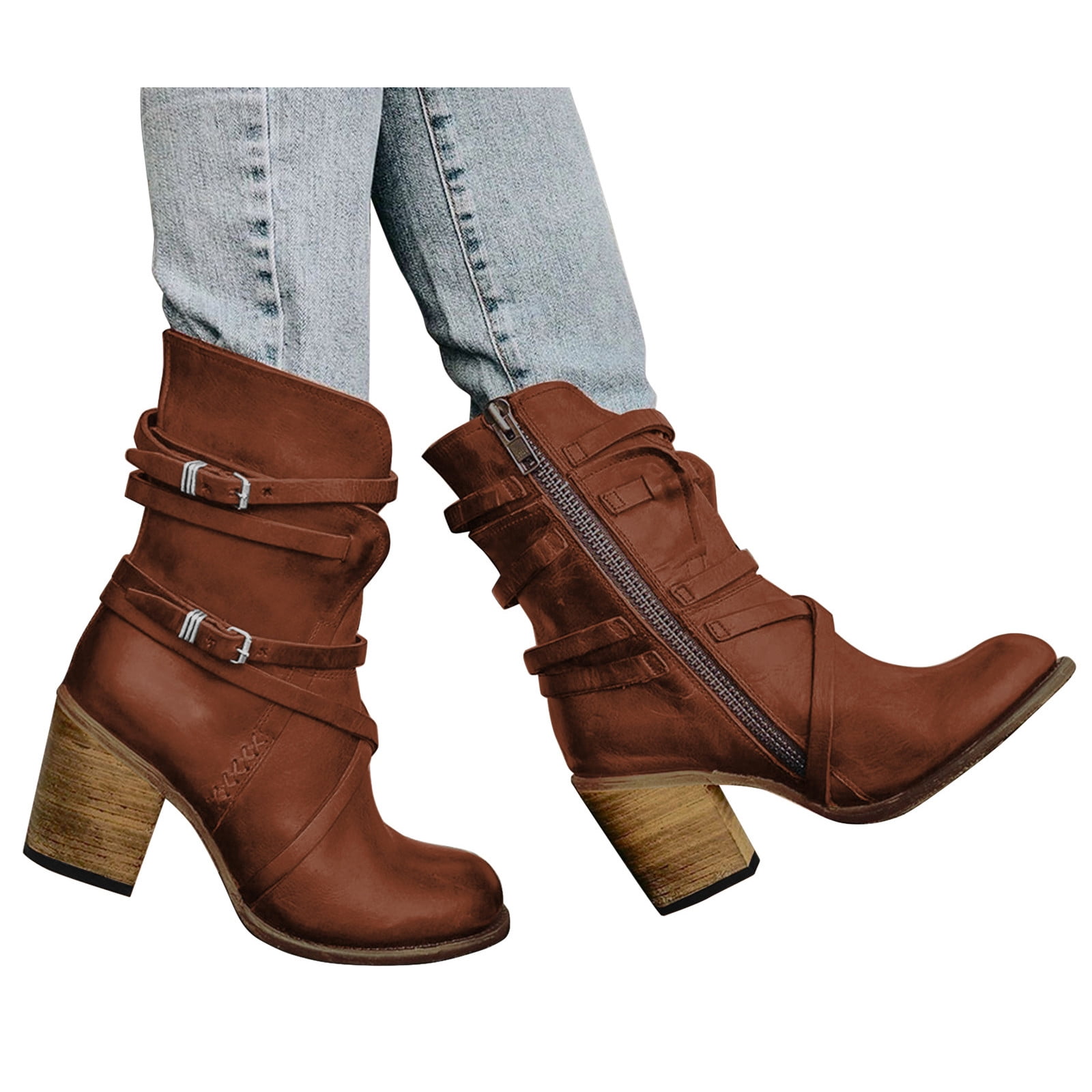 Boots for Women Women's Winter Fashion Squared Heel Vintage Round Toe