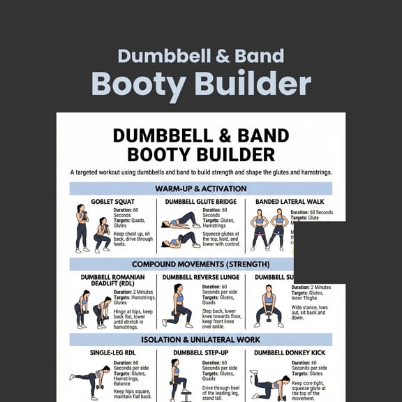 Booty Builder, Hip Muscle Exercise Poster, Dumbbell And Band Exercise Poster, Leg Daytime Exercise Poster, Lower Limb Exercise, Home Fitness Plan Poster