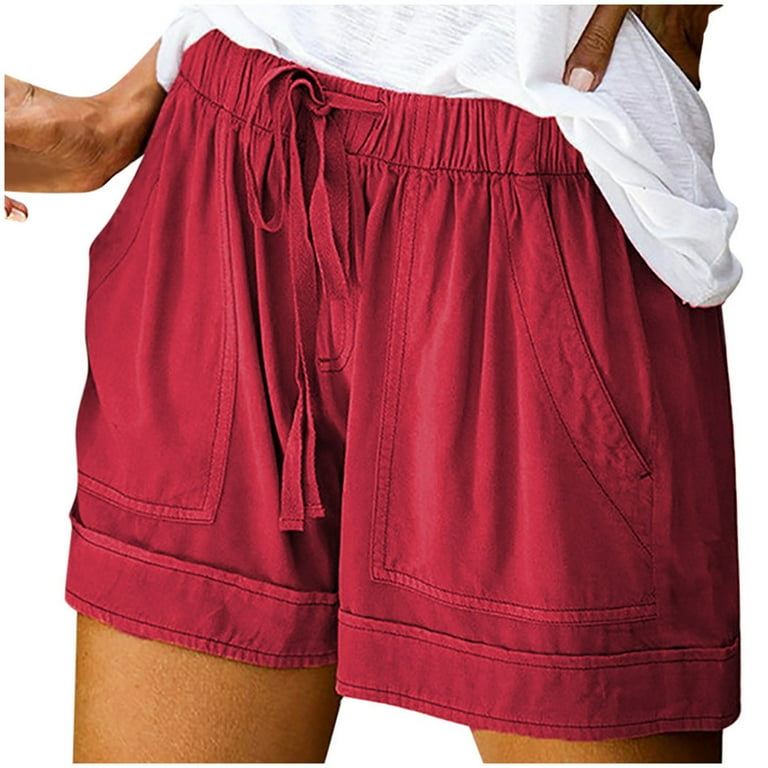 Booty Shorts For Women Womens Plus Size Comfy Drawstring Casual Elastic Waist Pocket Loose Shorts Pants Comfy Solid Color Workout Shorts Womens Red XL