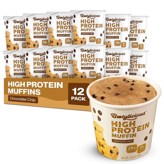 Bootylicious | 25g Protein Muffin | Chocolate Chip | Low Carb, 16g Fiber, Low Glycemic Index, Low Sugar, 12-Pack