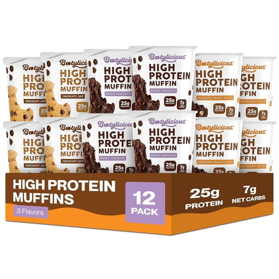 Bootylicious | 25g Protein Muffin | Chocolate Lovers | Low Carb, 16g-18g Fiber, Low Glycemic Index, Low Sugar, 12-Pack