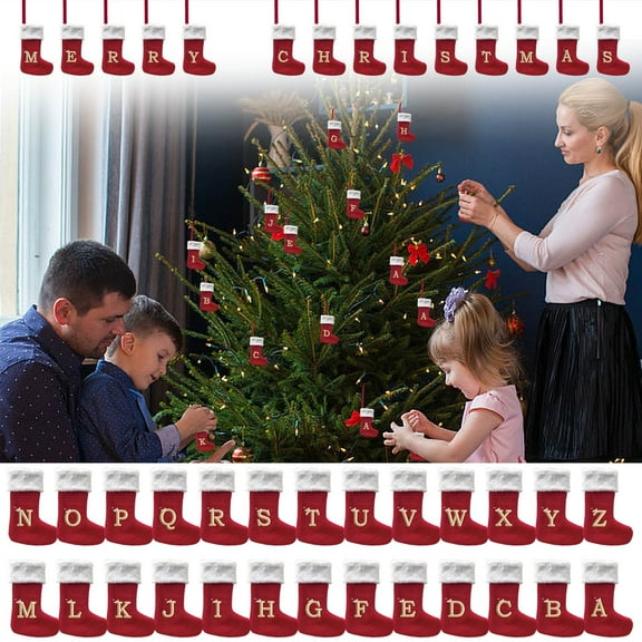 Boovnll 26 Letters Christmas Stockings, 4" Mini Knitted Personalized Pendants Red Christmas Stocking White Cuff for Holiday Fireplace Xmas Tree Party Decor Ornaments Gifts, Christmas Tree Decorations
