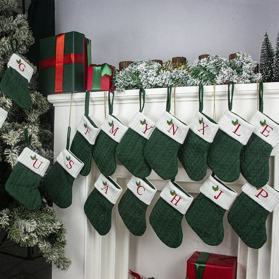 Boovnll 26 Letters Christmas Stockings, 8" Mini Knitted Personalized Pendant Green Christmas Stocking White Cuff for Holiday Fireplace Xmas Tree Ornaments Party Decor Gifts, Christmas Decorations