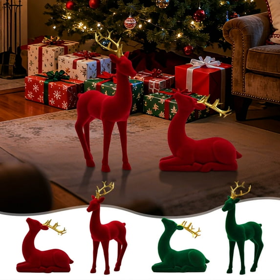 Boovnll 2Pcs Reindeer Christmas Decor, Velvet Reindeers Figurines Xmas Reindeer for Holiday Indoor Tabletop Decor, Christmas Decorations, Red