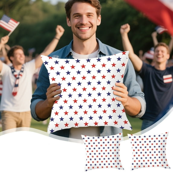 Boovnll 4th of July Pillow Covers 18x18 Set of 2 - Red White Blue Stars Stripe Throw Pillow Covers, Linen Patriotic Pillow Covers for Memorial Day Home Sofa Couch Decor, 4th of July Decorations
