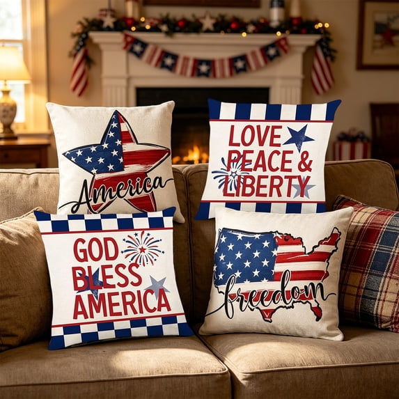 Boovnll 4th of July Pillow Covers 18x18 Set of 4 - Red White Blue Stars Stripe Throw Pillow Covers, Patriotic Pillow Covers for Memorial Day Home Sofa Couch Decor, 4th of July Decorations