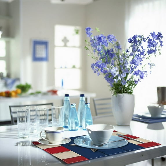 Boovnll 4th of July Placemats, 12x18" Red Blue Stars Stripe Flag Placemats, Heat-Proof Linen Place Mats for Memorial Day Patriotic Party Kitchen Dining Table Decor, 4th of July Decorations
