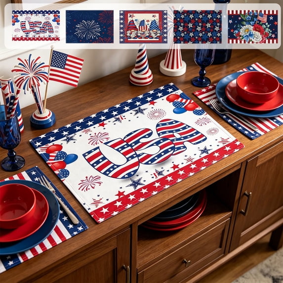 Boovnll 4th of July Placemats Red White Blue Placemats Heat-Proof Place Mats for Memorial Day Patriotic Kitchen Dining Table Party, 4th of July Decorations, 12x18"