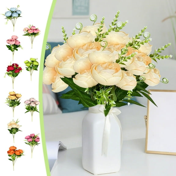 Boovnll Artificial Flowers, 5-Head Fake Camellias Bouquet UV Resistant Silk Flowers, Lifelike, No Fade, Fake Flowers for Wedding, Party, DIY Tables Centerpiece Decor - Fake Flowers