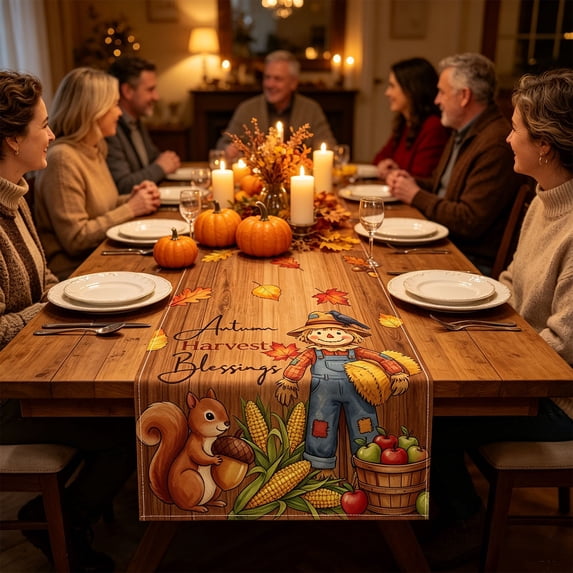 Boovnll Autumn Harvest Table Runner 13" x 72", Thick Linen Fall Scarecrow & Squirrel Print, Rustic Farmhouse Decor for Thanksgiving, Holiday Party & Dining Table