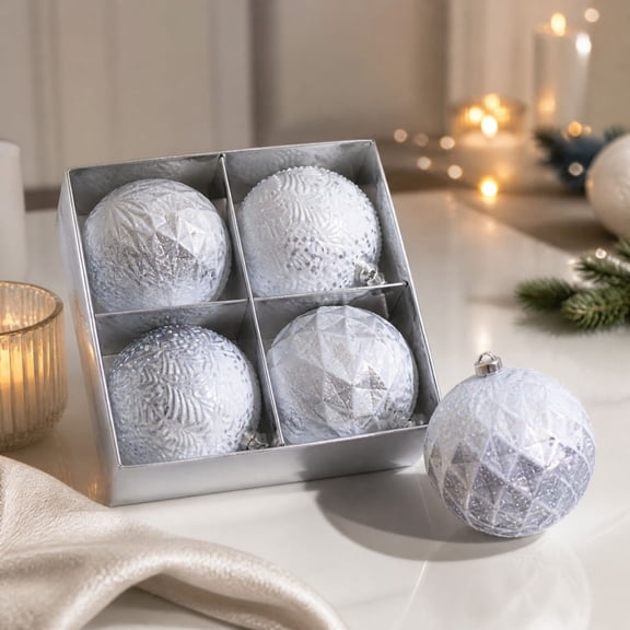 Boovnll Christmas Ball Ornaments 4PCS 3.9in, Silver Shatterproof Plastic Tree Decorations, Glossy Hanging Balls for Holiday Home Party