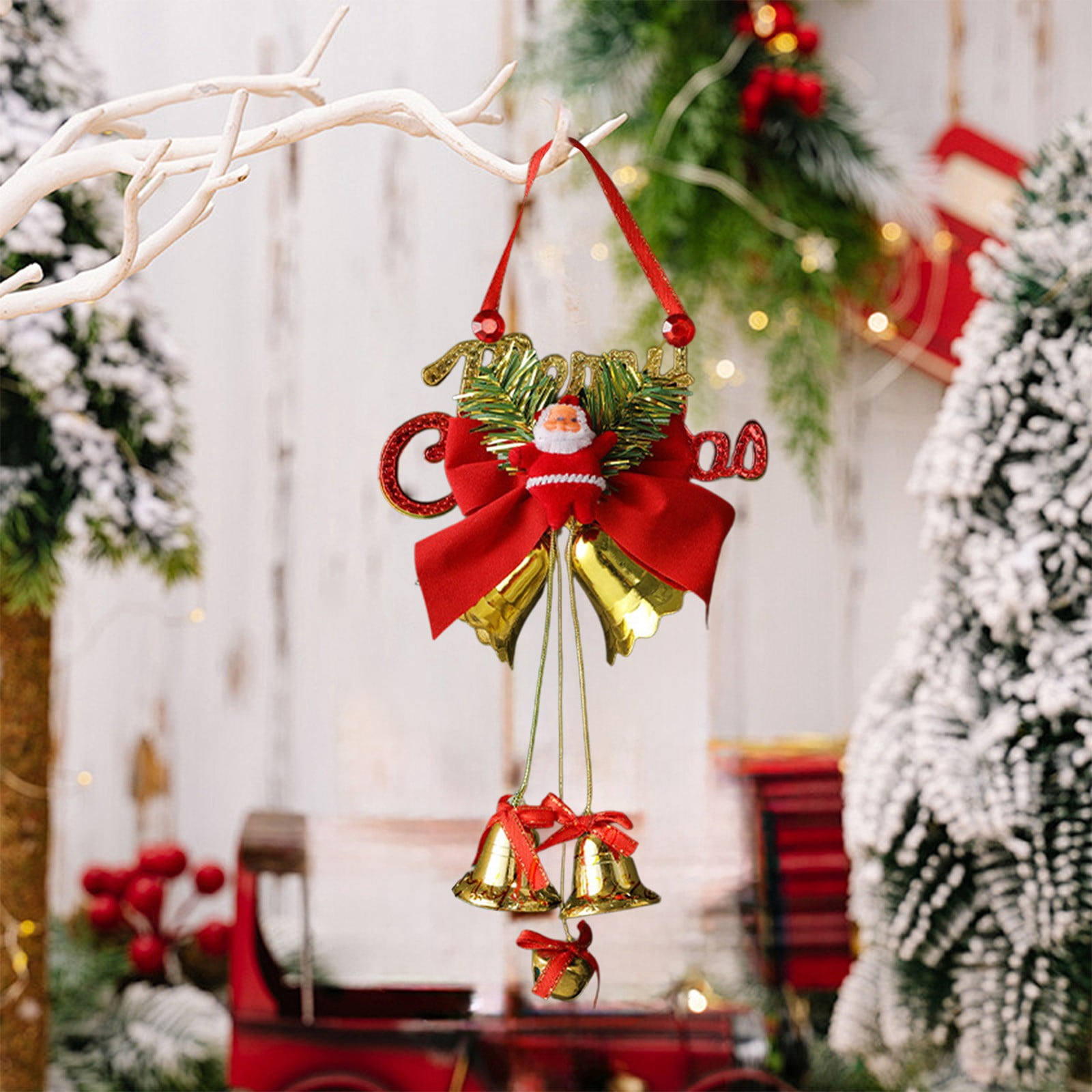 Boovnll Christmas Bells Handmade Glitter Bow Berries Hanging Ornaments
