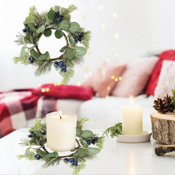Boovnll Christmas Candle Rings, Artificial Berries Pine Small Christmas Wreath for Candle, Cup, Vase, Wedding Party Tabletop Centerpiece Decor, Christmas Decorations