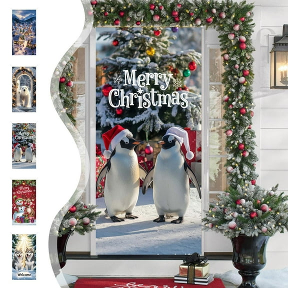 Boovnll Christmas Door Cover, 35x71" Merry Christmas Santa Claus/Snowman/Gnome Banner Christmas Door Covers Hanging Backdrop for Winter Holiday Front Door Party Decor, Christmas Decorations Outdoor