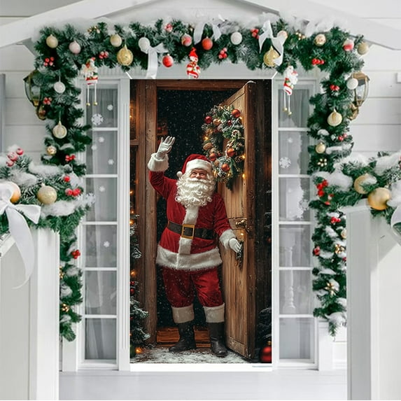 Boovnll Christmas Door Cover, 35x71" Merry Christmas Santa Claus/Snowman/Gnome Banner Christmas Door Covers Hanging Backdrop for Winter Holiday Front Door Party Decor, Christmas Decorations Outdoor