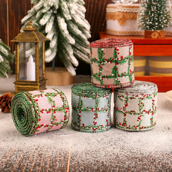 Boovnll Christmas Ribbon 5 Yards Wired Burlap Ribbon for Christmas Wreath Garland Xmas Tree DIY Gifts Wrapping Winter Holiday Party Crafts Supplies, Christmas Decorations