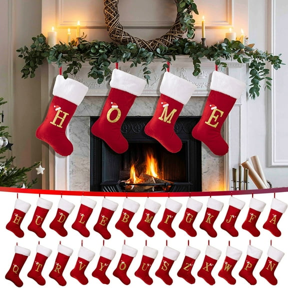 Boovnll Christmas Stockings with Letters, 18" Personalized Velvet Large Red Christmas Stocking White Cuff for Holiday, Xmas Tree, Fireplace, Party Decor Ornaments, Christmas Decorations (A)