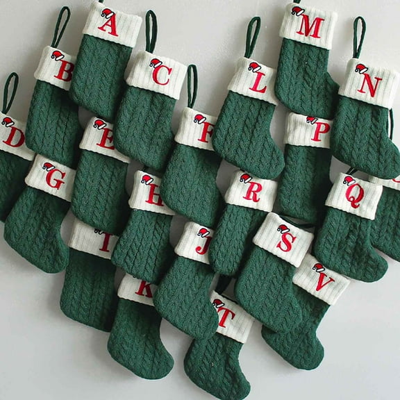 Boovnll Christmas Stockings with Letters, 7" Personalized Knitted Large Green Christmas Stocking White Cuff for Holiday, Xmas Tree, Fireplace, Party Decor Ornaments, Christmas Decorations (A)