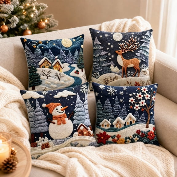 Boovnll Christmas Throw Pillow Covers 18x18 Set of 4, Embroidered Christmas Throw Pillow Covers, Festive Christmas Decorations for Home
