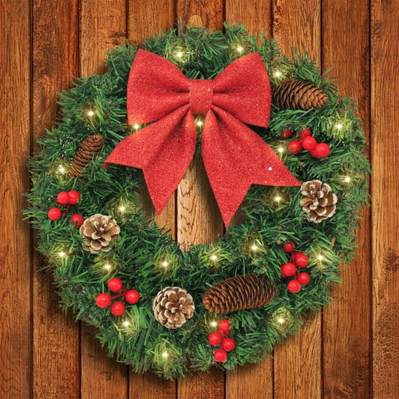 Boovnll Christmas Wreath, 12" Pre-Lit Artificial Wreath Decorated with Berries Balls Pinecones Bows Christmas Wreaths for Front Door Holiday Wall Window Party Decor, Christmas Decorations