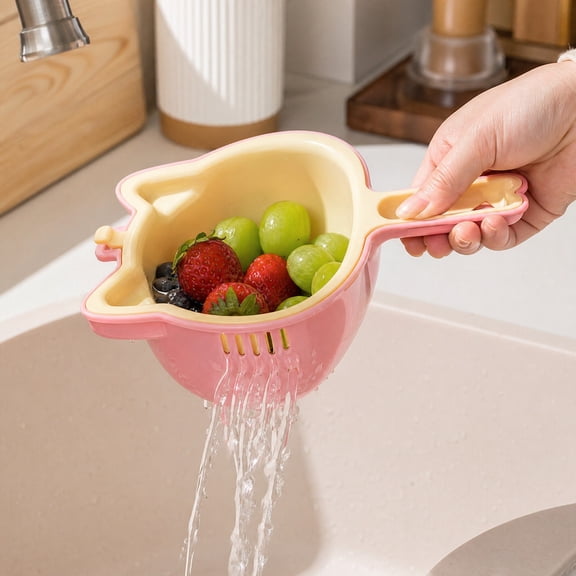 Boovnll Double Layer Colander, Kitchen Strainer with Handle & Lock, Cute Rice Washing Basket for Sink - Multicolor