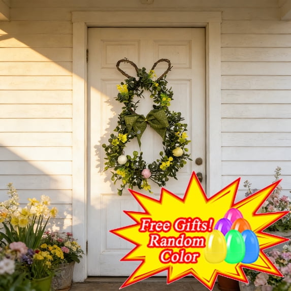 Boovnll Easter Bunny Wreath, Spring Bunny Shaped with Long Ears & Bow Easter Wreaths for Front Door Wall Window Decor, Easter Decorations 12"
