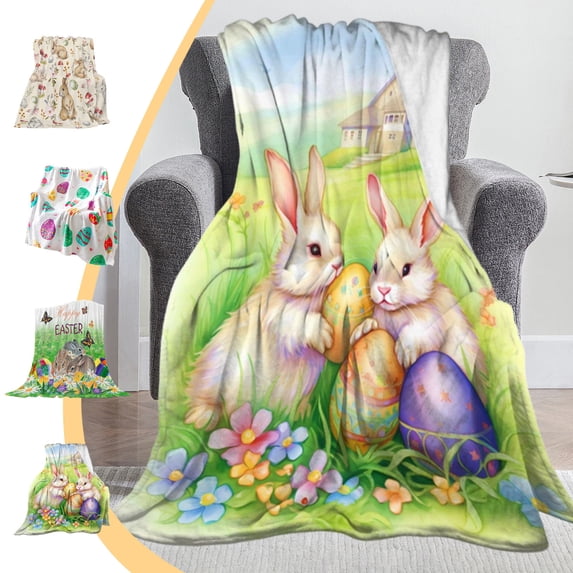 Boovnll Easter Throw Blanket, Super Soft Cozy Flannel Colorful Eggs & Bunny Easter Blanket, Microfiber Machine Washable for Bed Sofa Couch Blanket, Throw Blanket - 28x40"