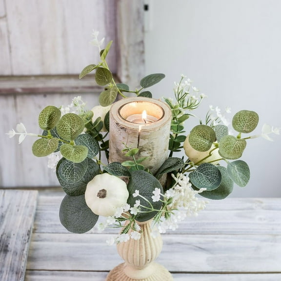 Boovnll Fall Candle Rings, Artificial Pumpkins Maple Leaves Mini Wreath Thanksgiving Day Candle Rings Fall Wreath for Candle Cup Vase Party Tabletop Fall Decor, Fall Decorations for Home