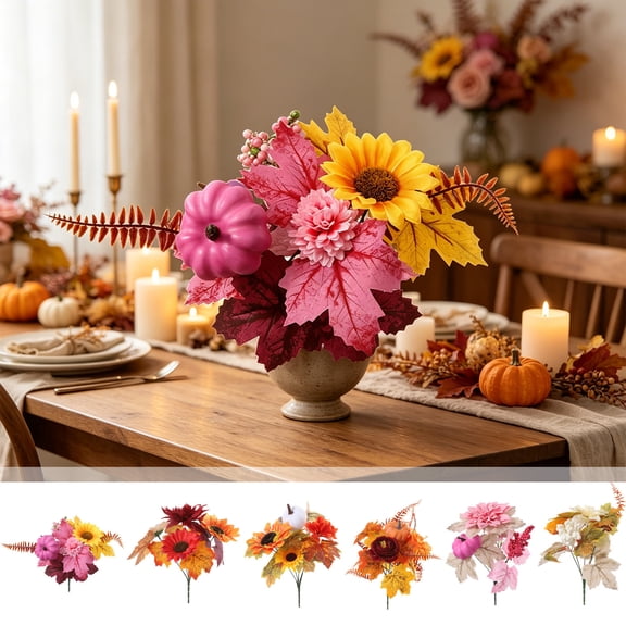 Boovnll Fall Decorations for Home, Artificial Sunflower Bouquet with Maple Leaves Pumpkin, Faux Flowers Fall Home Decor for Thanksgiving Table Vase,15x12in