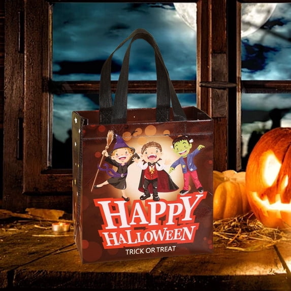 Boovnll Halloween Tote Bag, 4Pcs Reusable Printing Trick or Treat Bags with Light, Halloween Candy Bags Treat Bags for Kids, Halloween Basket, Halloween Treat Bags, Halloween Bags