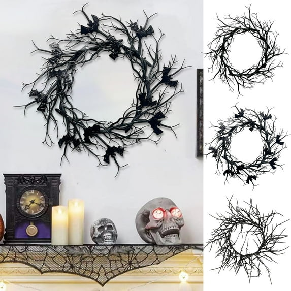 Boovnll Halloween Wreath, 18" Horror & Novelty Handmade Black Twig Glitter Bats Halloween Wreaths for Front Door Fireplace Wall Porch Party Decor, Halloween Decorations