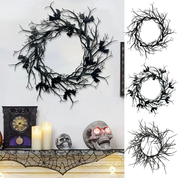 Boovnll Halloween Wreath, 18" Horror & Novelty Handmade Black Twig Glitter Bats Halloween Wreaths for Front Door Fireplace Wall Porch Party Decor, Halloween Decorations
