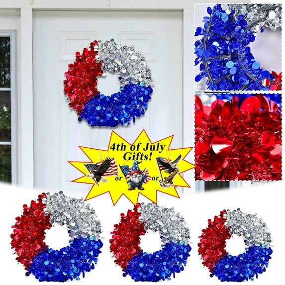Boovnll Patriotic Wreath, 10" Handcrafted Red White Blue Burlap & Stars Printed Memorial Day Wreath, 4th of July Wreath for Indoor, Outdoor, Front Door, Fireplace, Wall Decor, 4th of July Decorations