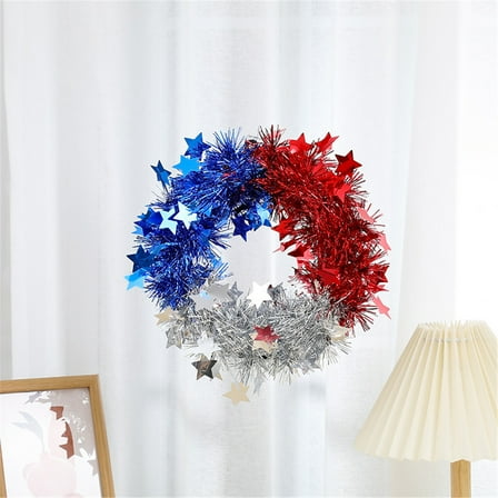 Boovnll Patriotic Wreath, 10" Handcrafted Red White Blue Plastic Ribbons Memorial Day Wreath, 4th of July Wreath for Indoor, Outdoor, Front Door, Fireplace, Wall Decor, 4th of July Decorations