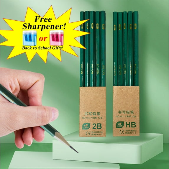 Boovnll Pencils, 10Pcs Wood-Cased Unsharpened Soft HB Pencils #2 with Eraser Top & Sharpener for Writing, Drawing, Sketching, Home, Office Supplies, Pencils