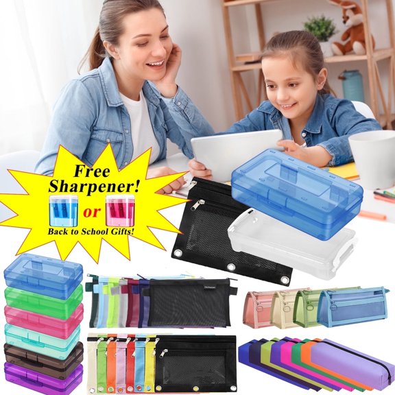 Boovnll Pencil Box, Clear Large Capacity Snap-Tight Lid Plastic Pencil Case for Home, Office Supplies (with Sharpener)