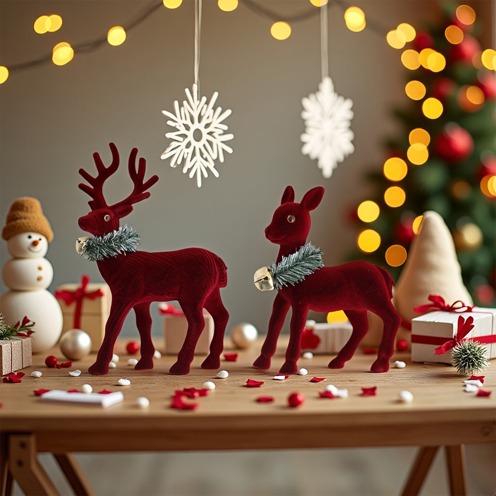 Boovnll Reindeer Christmas Decor, Red Velvet Reindeers Figurines Xmas