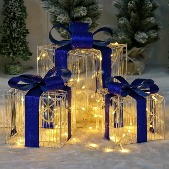 Boovnll Set of 3 Christmas Lighted Gifts Boxes - LED Lights Gift Box for Winter Holiday Xmas Tree Yard Indoor Outdoor Decor, Christmas Decorations