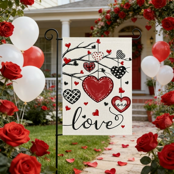 Boovnll Valentines Day Garden Flag, 12x18" Linen Double Sided Valentine Garden Flag for Holiday Anniversary Wedding Outdoor Yard Flags Decor, Valentines Day Decorations