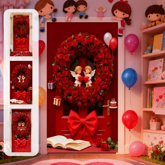 Boovnll Valentines Door Cover, 35x71" Red & Pink Heart Banner Valentines Day Door Cover Hanging Backdrop for Wedding Anniversary Birthday Party Decor