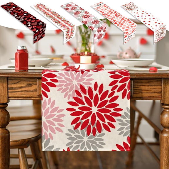 Boovnll Valentines Table Runner 13x72" Linen Love Heart Valentines Day Table Runner for Holiday Anniversary Wedding Table Decor, Valentines Day Decorations