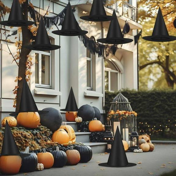 Boovnll Witch Hat - 12Pcs Horror Novelty Floating Hanging Halloween Costume Accessory Witches Hat with 105FT Rope for Outdoor Indoor Party Decor Supplies, Halloween Decorations