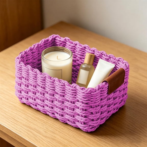 Boovnll Woven Storage Basket Decorative, Small Rope Organizer Basket with Handles, Pink Wicker Basket for Home Decor & Sundries 7.87x5.51in