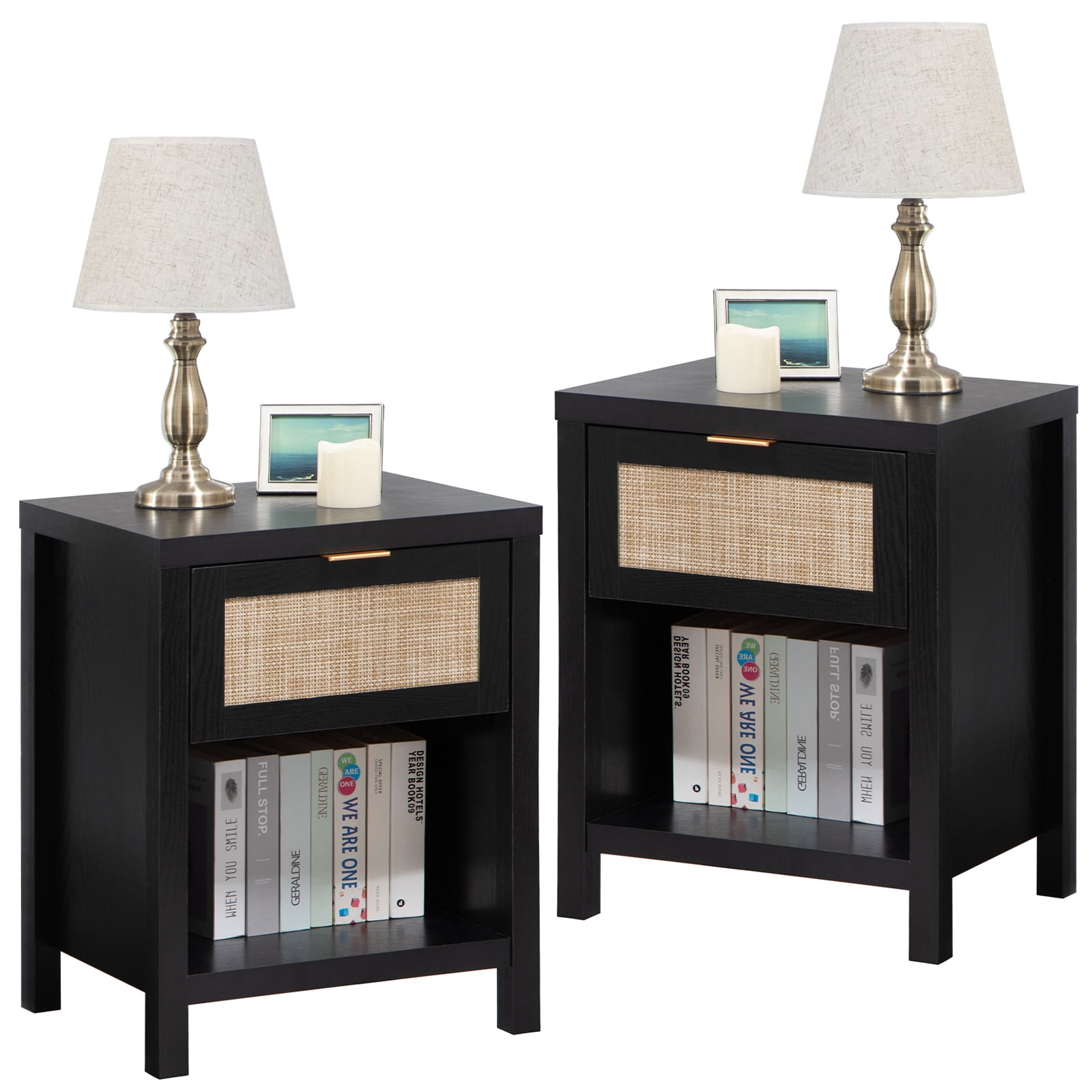 Boowill Nightstands Set of 2, Farmhouse Boho Bedside Tables Rattan